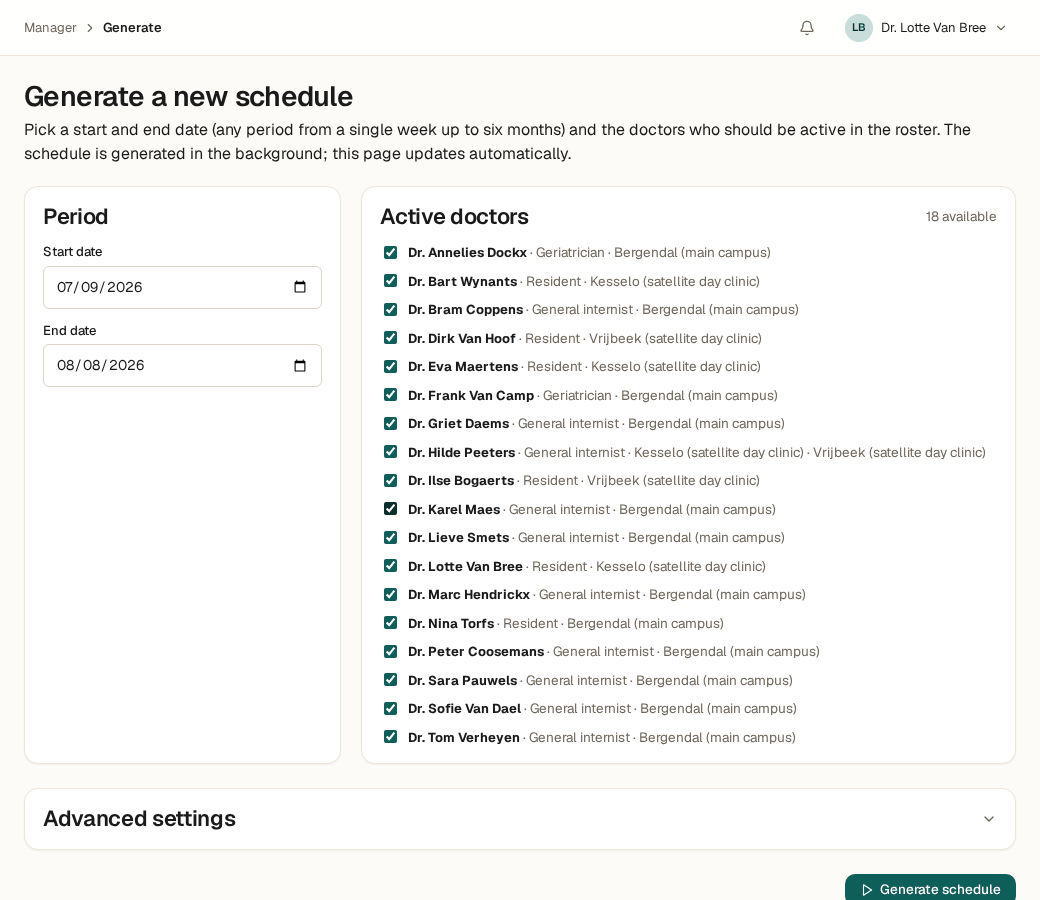 Screenshot of the generate screen for a fictional clinic: period, active doctors, and the button to compute the schedule.