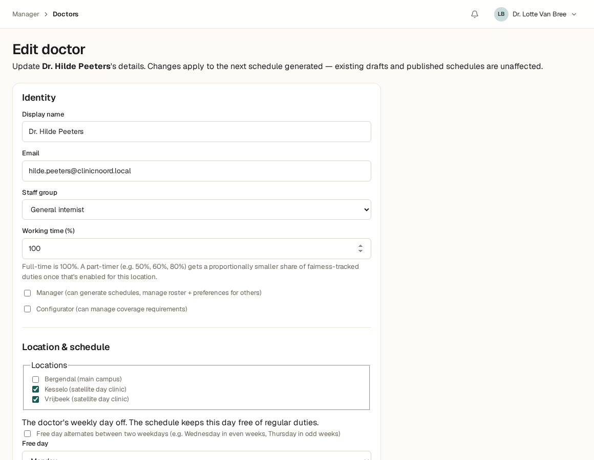 Screenshot of a doctor's edit form for a fictional clinic, showing the doctor's name, staff group, and a locations checklist with two of three sites selected.