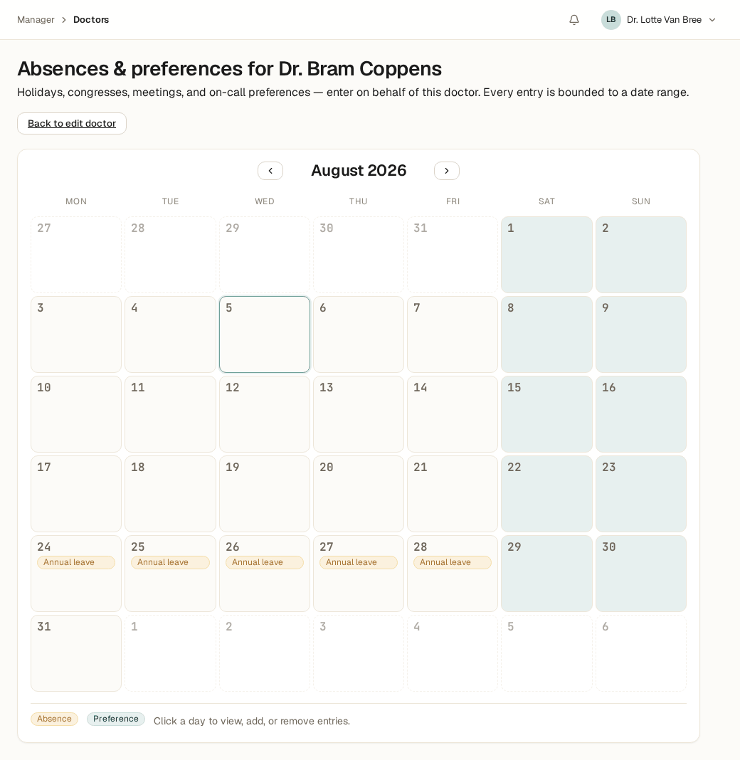 Screenshot of a doctor's absences and preferences calendar, with a week of annual leave highlighted.