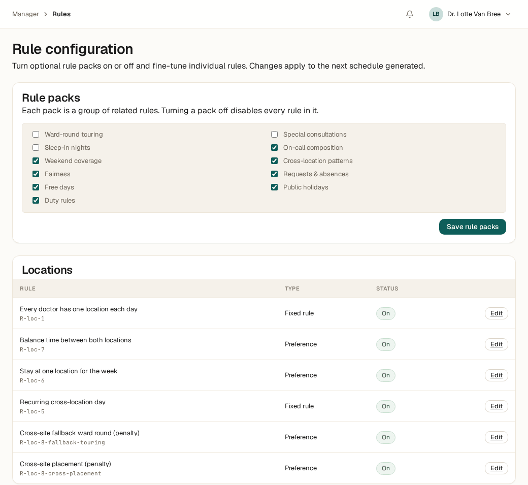 Screenshot of the rule configuration screen: rule packs toggled on/off and a list of individual rules with status and an edit button.