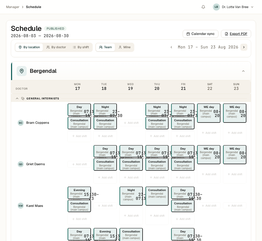 A published duty schedule in My Intelligent Agenda for a fictional clinic, showing shifts per doctor and per location for a full week.