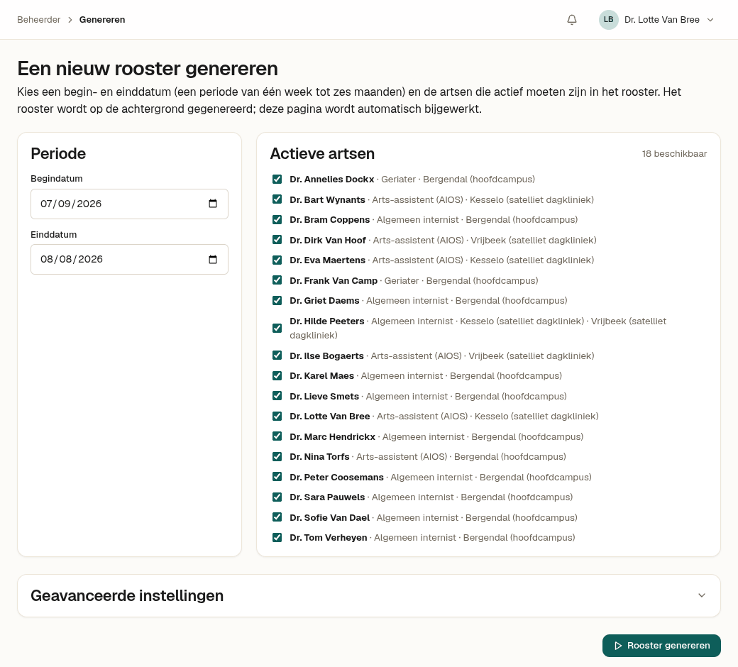 Schermafbeelding van het genereerscherm voor een fictieve kliniek: periode, actieve artsen en de knop om het rooster te berekenen.