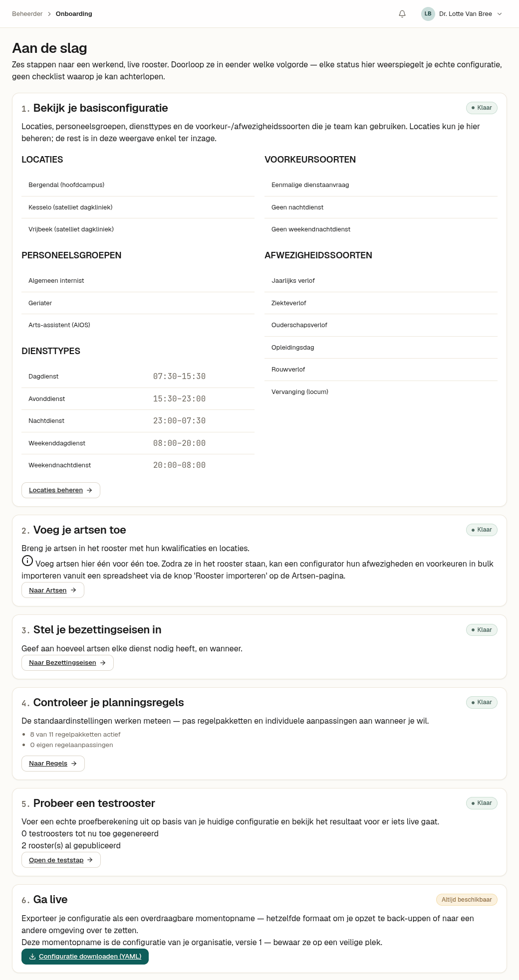 Schermafbeelding van de onboarding-checklist met zes stappen, waarvan er vijf als voltooid staan gemarkeerd.
