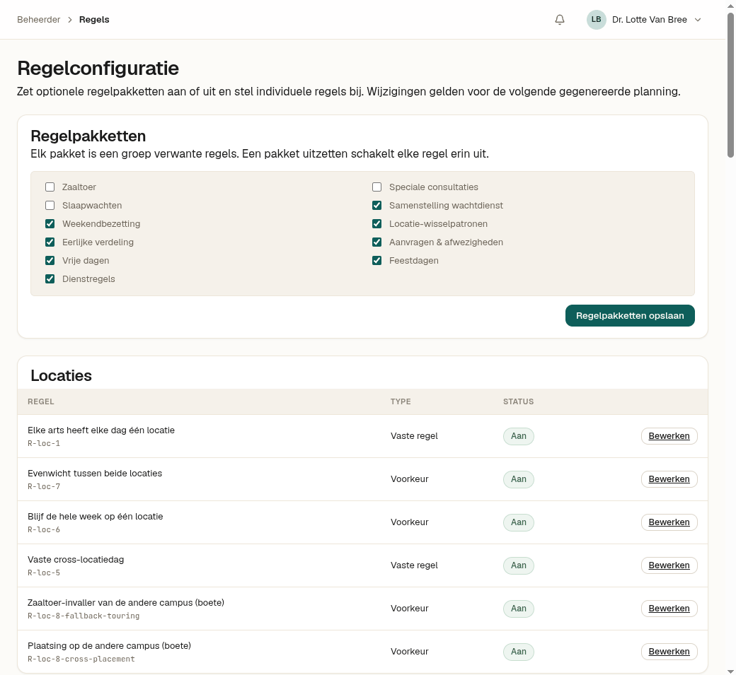 Schermafbeelding van de regelconfiguratie: regelpakketten aan/uit en een lijst van individuele regels met status en bewerkknop.